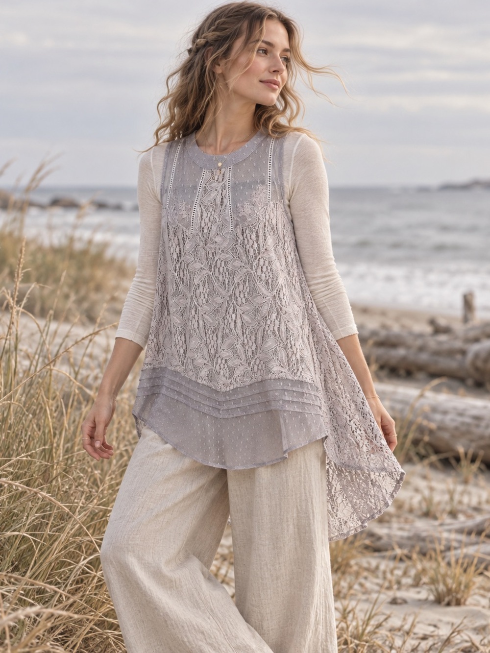 Free People Gray Lace High Low Tank Top Medium Sheer Boho Fairycore Layering Top